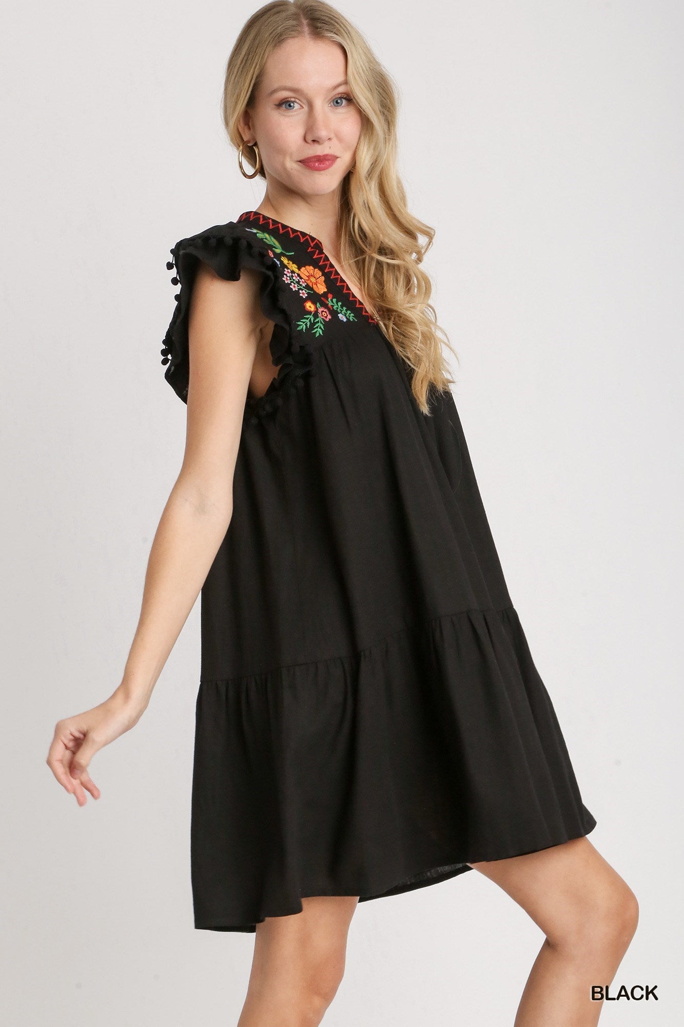 Ruffle Sleeve A-Line Dress w/Embroidery
