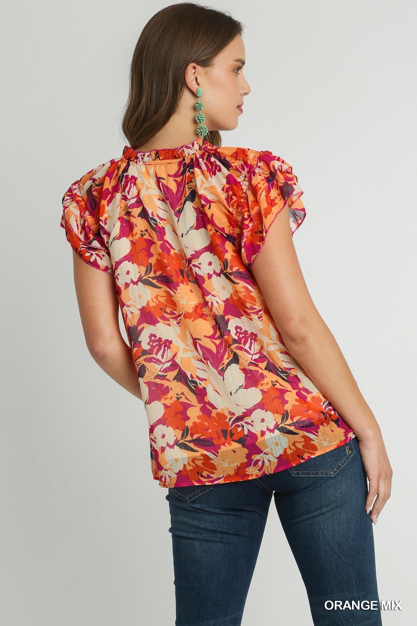 Sale Metallic Lurex Floral Print Layered Sleeve Top