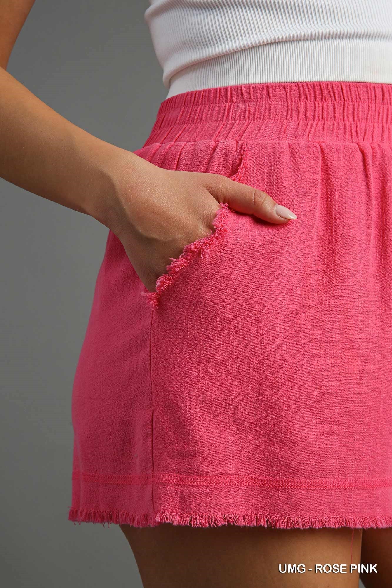 Linen Shorts w/Pockets & Frayed Details