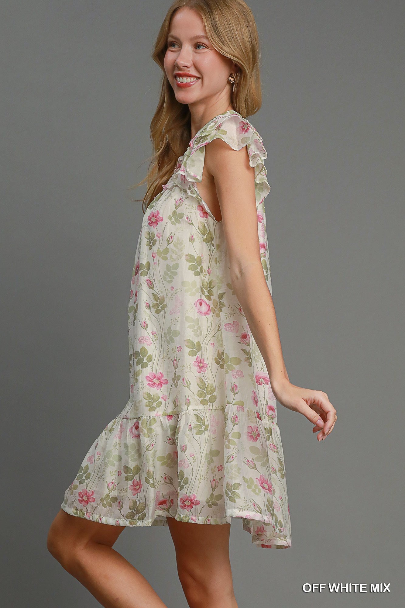 Final Sale Floral Print Ruffle Sleeve Neck Dress