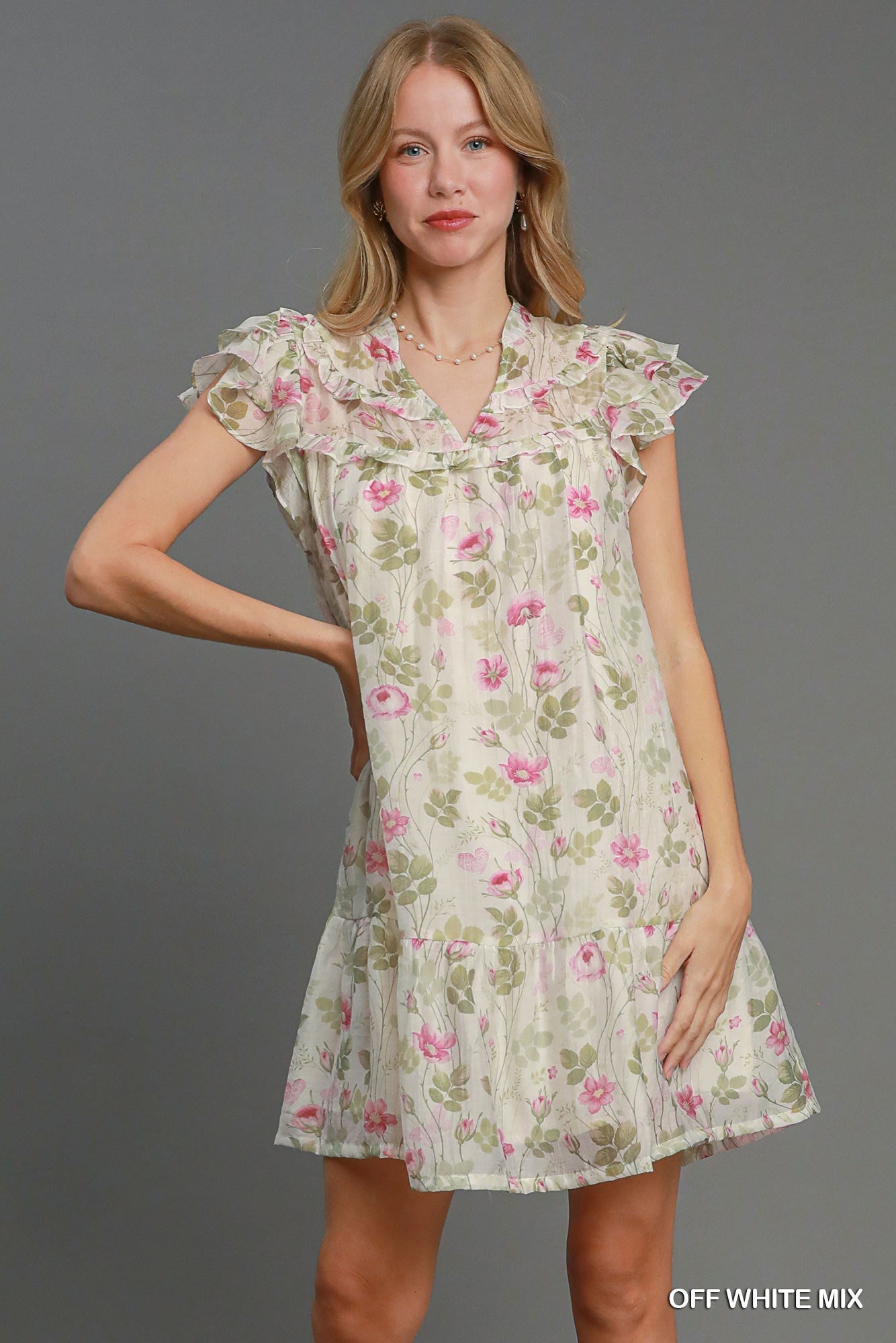 Final Sale Floral Print Ruffle Sleeve Neck Dress