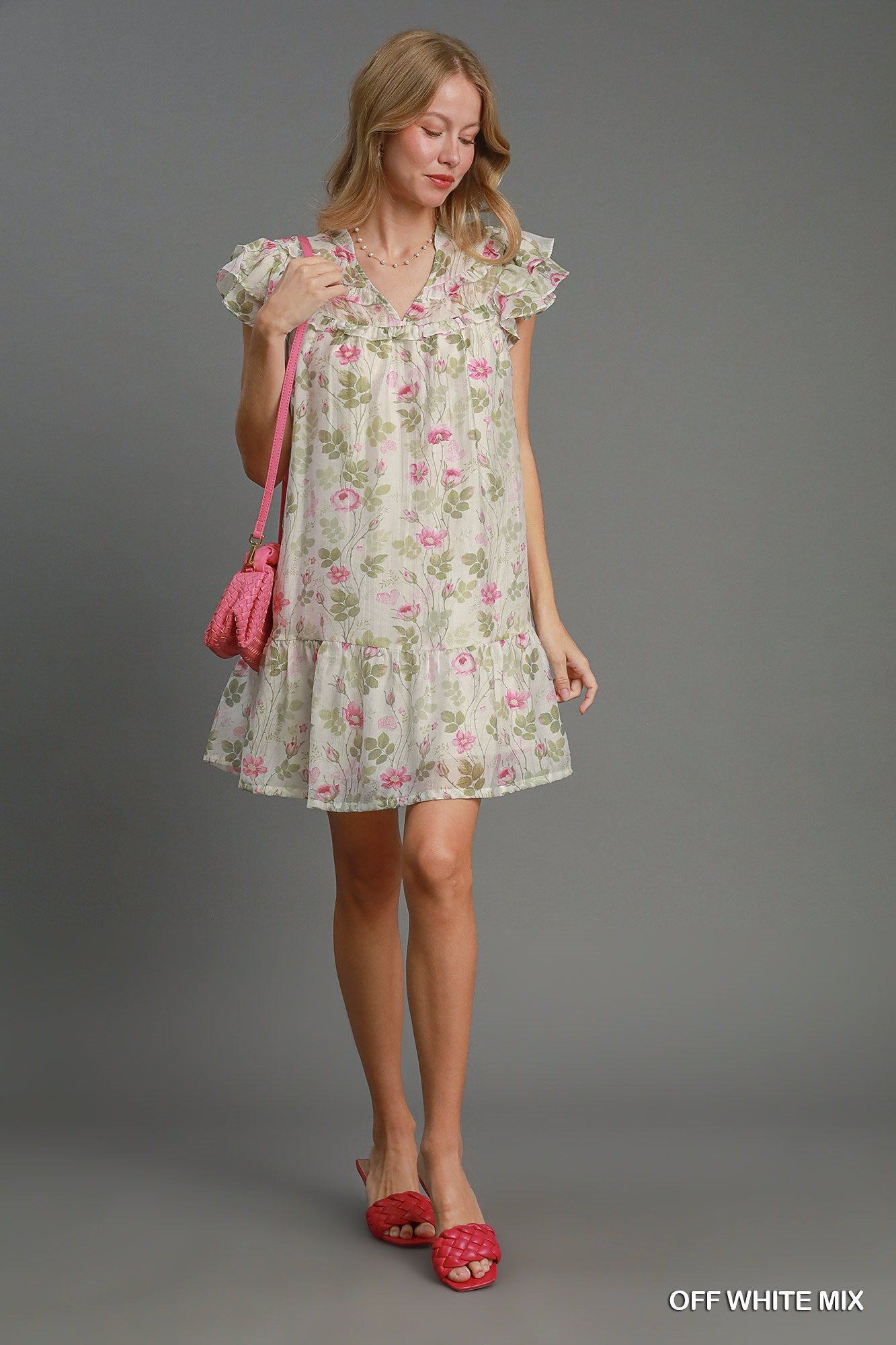 Final Sale Floral Print Ruffle Sleeve Neck Dress