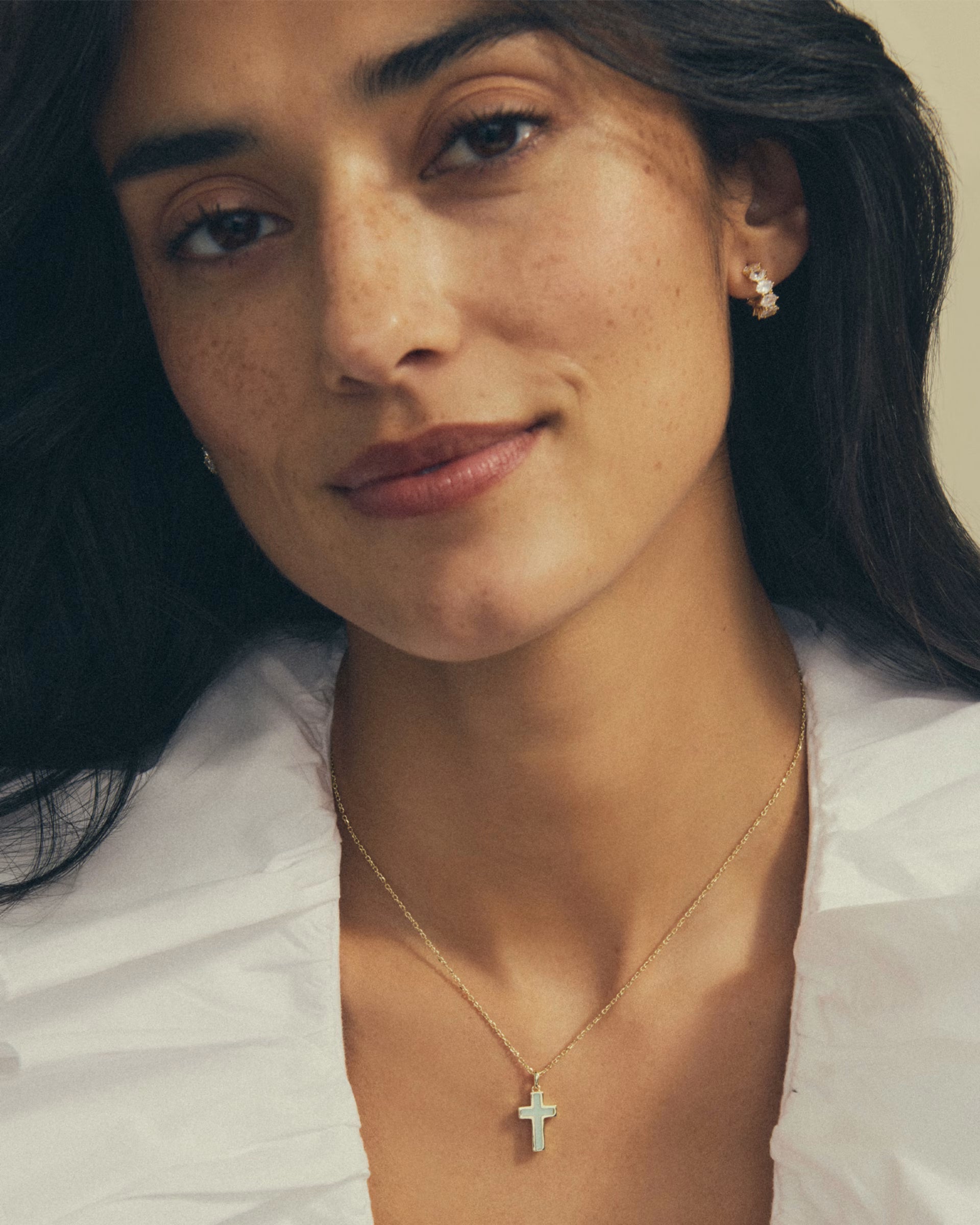 Cross Gold Pendant Necklace Matte Light Blue Dichroic Glass