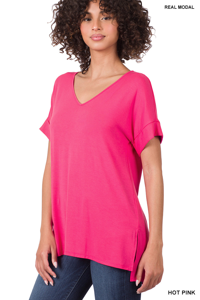 Modal Short Sleeve V-Neck Top Hot Pink