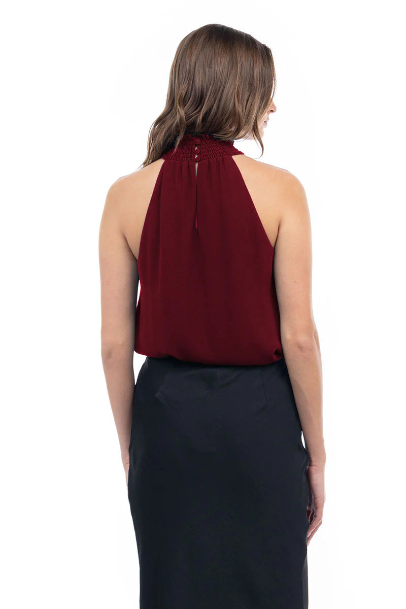 Sale Halter Mock Neck Smocked Rounded Hem Top Mahogany