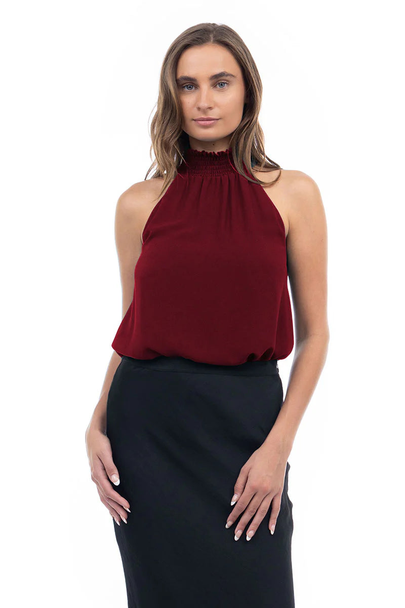 Sale Halter Mock Neck Smocked Rounded Hem Top Mahogany