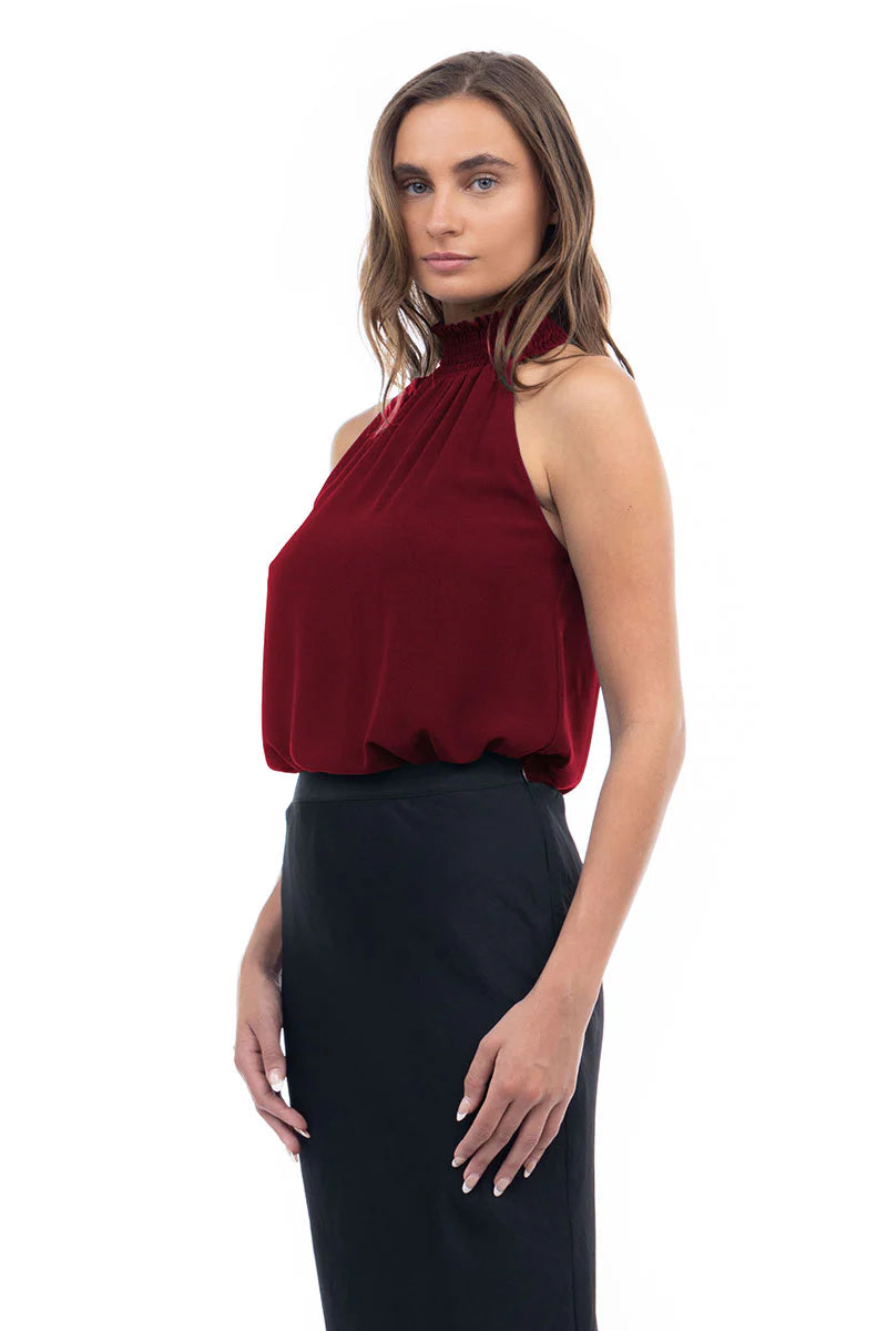 Sale Halter Mock Neck Smocked Rounded Hem Top Mahogany