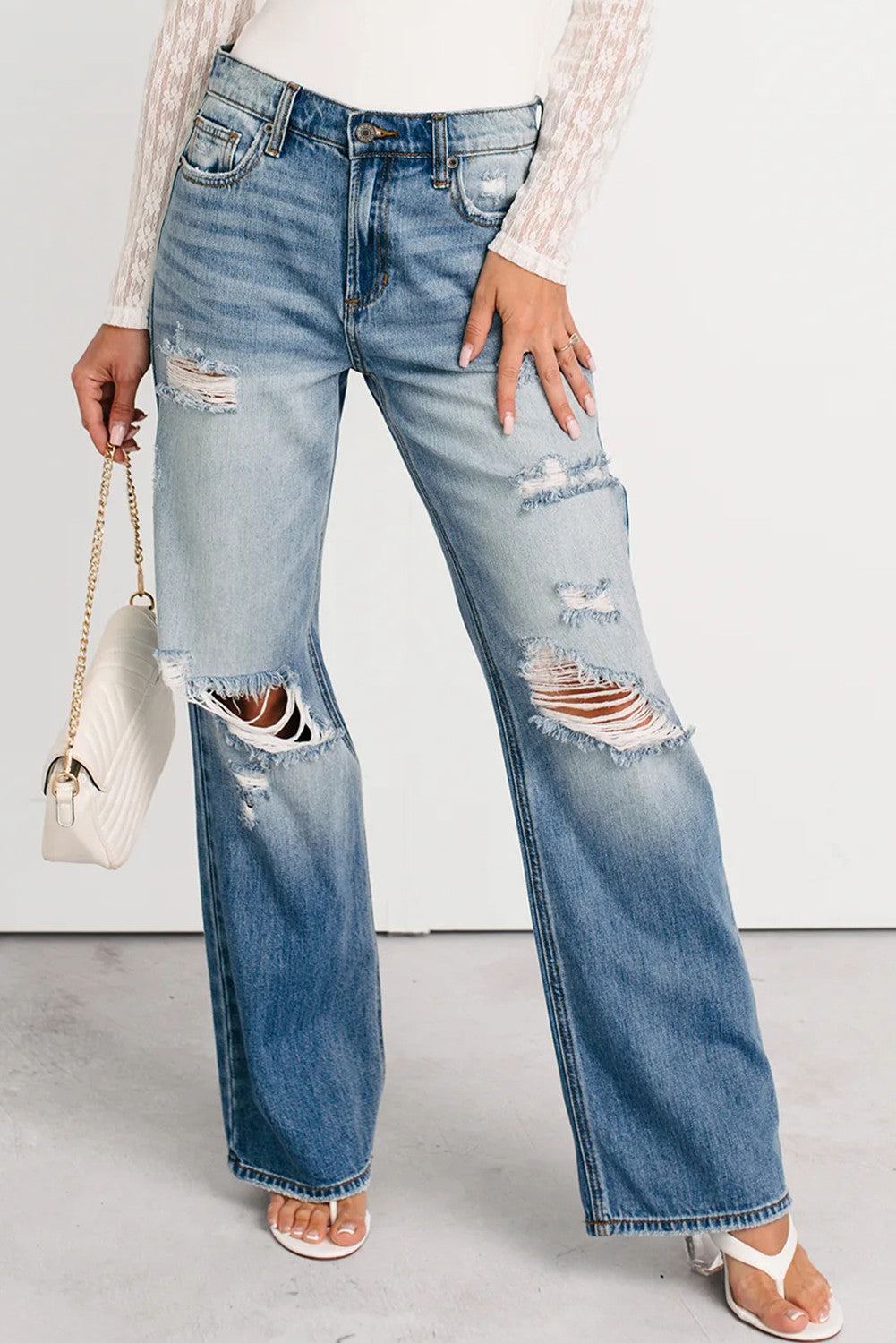 Mid Rise Distressed Straight Jeans RTS