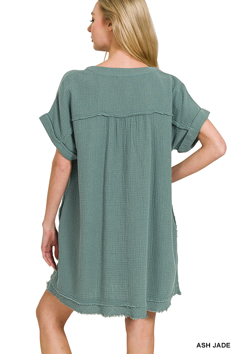 Short Sleeve Double Gauze Raw Edge Dress Hot Pink