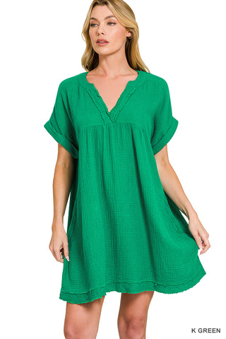 Short Sleeve Double Gauze Raw Edge Dress Kelly Green