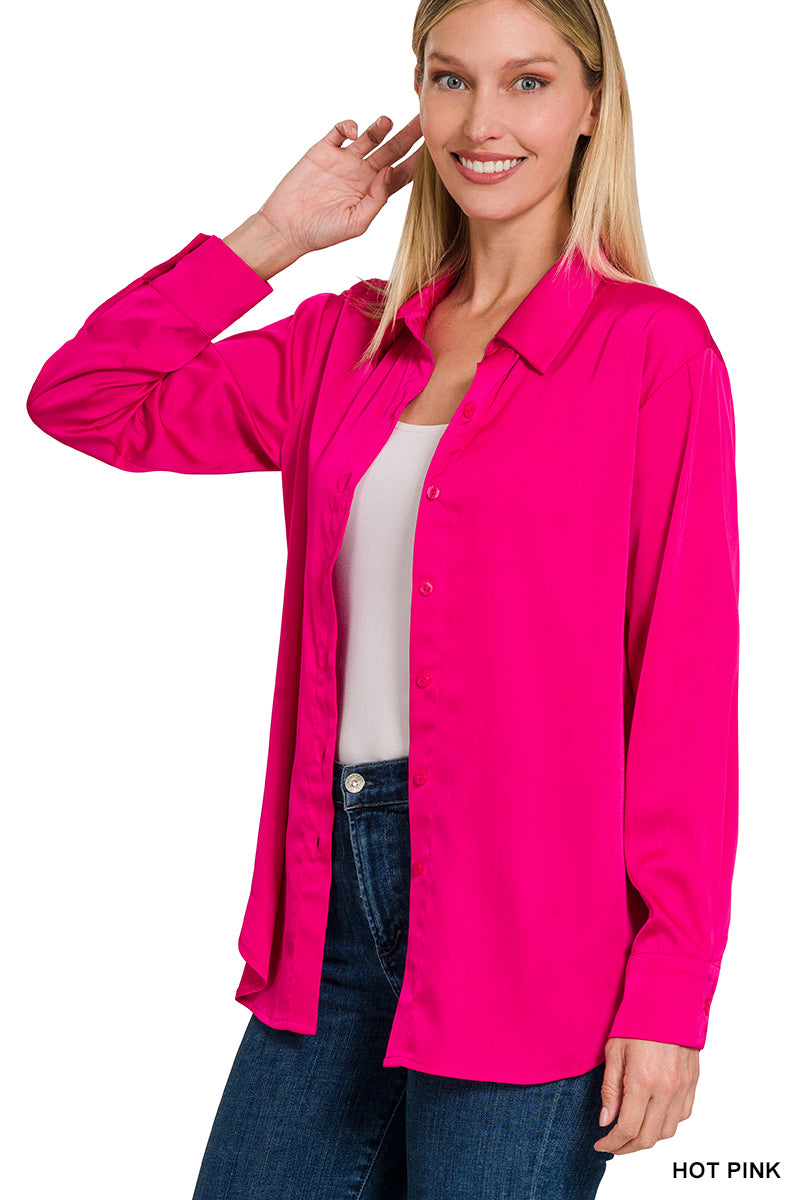 Satin Charmeuse Button Front Top Hot Pink