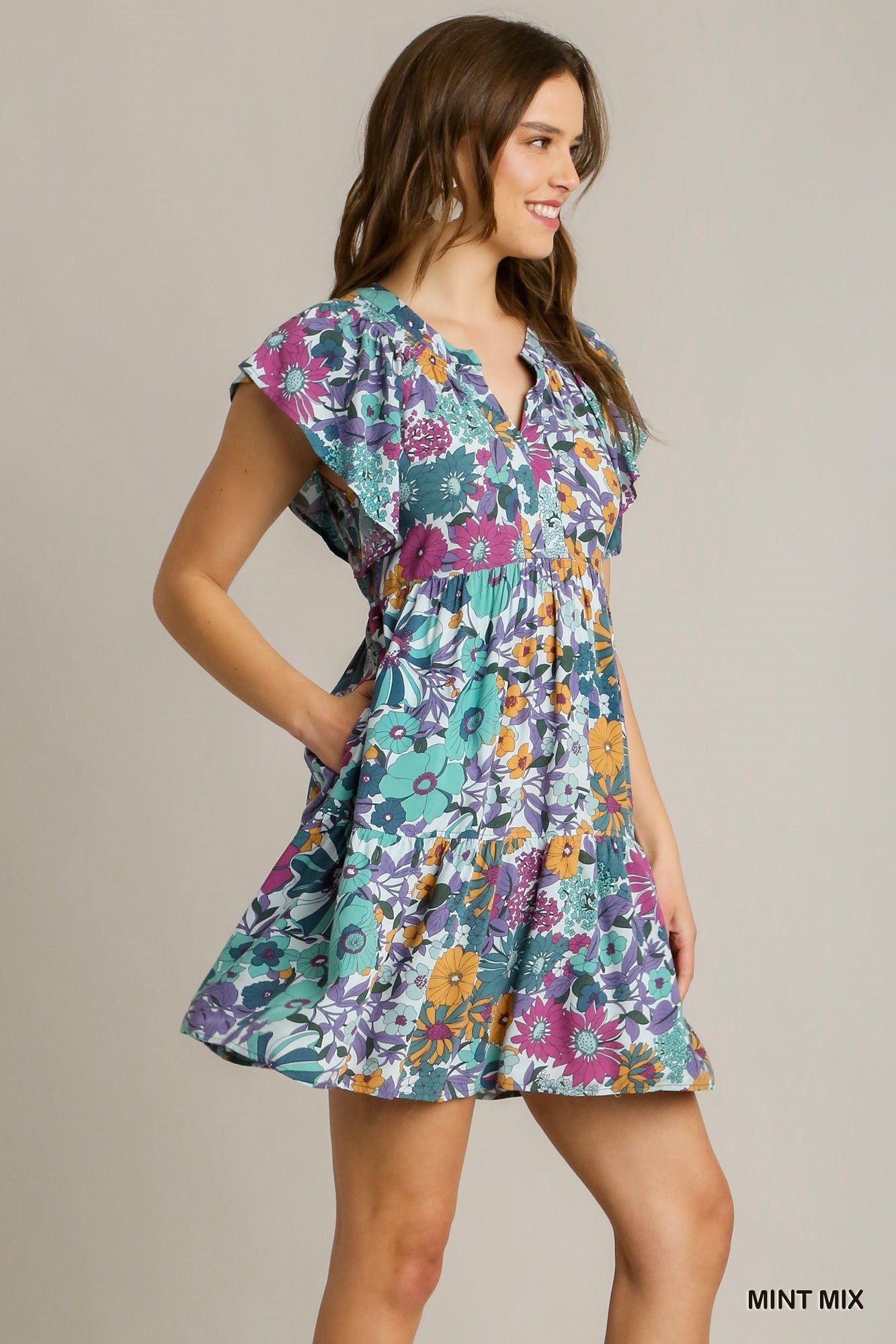 Sale Flutter Sleeve Floral Print Back Tie Dress