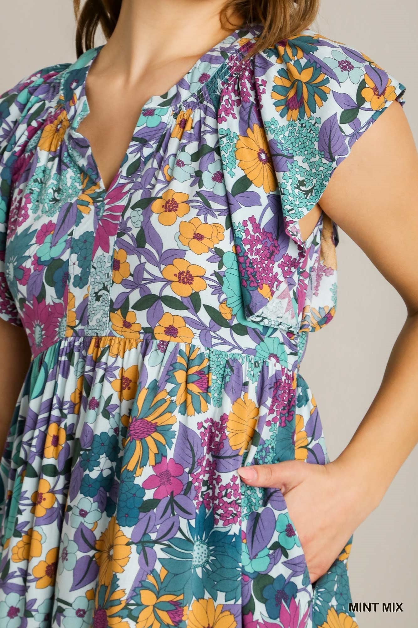 Sale Flutter Sleeve Floral Print Back Tie Dress