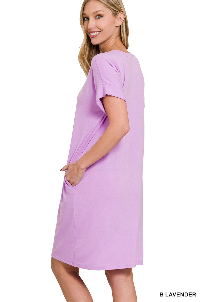 Sale Rolled Short Sleeve V-Neck T-Shirt Dress Neon Hot Pink