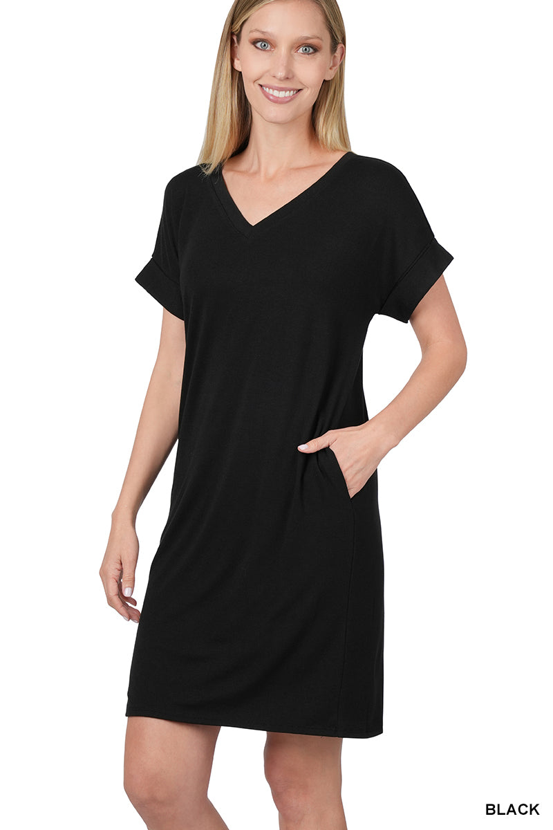 Rolled Short Sleeve V-Neck T-Shirt Dress Black