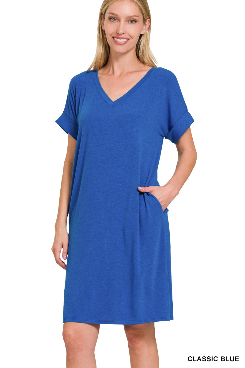 Rolled Short Sleeve V-Neck T-Shirt Dress Classic Blue