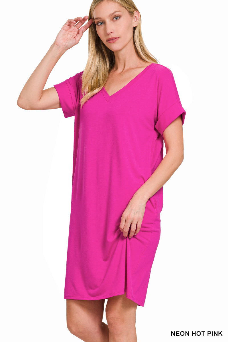 Rolled Short Sleeve V-Neck T-Shirt Dress Neon Hot Pink
