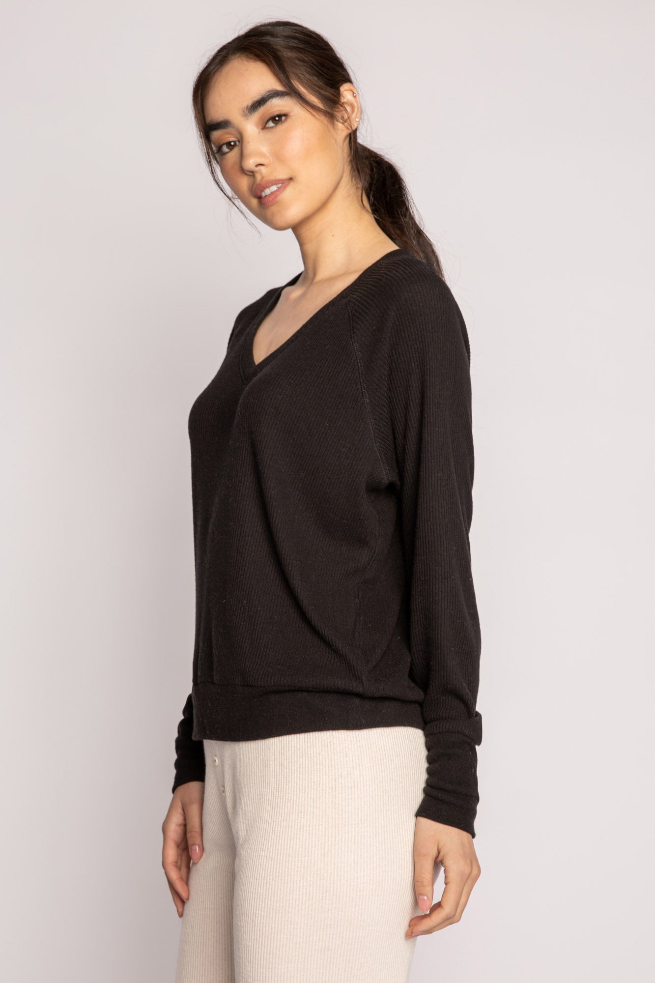 Long Sleeve Textured Knit Top Black