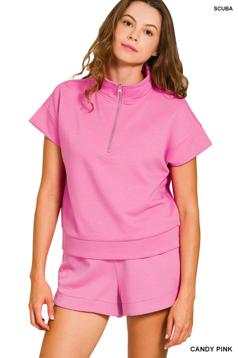 Scuba High Neck Half Zip Top & Shorts Set Candy Pink