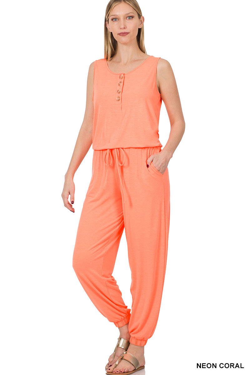 Final Sale Sleeveless Jogger Jumpsuit Neon Coral