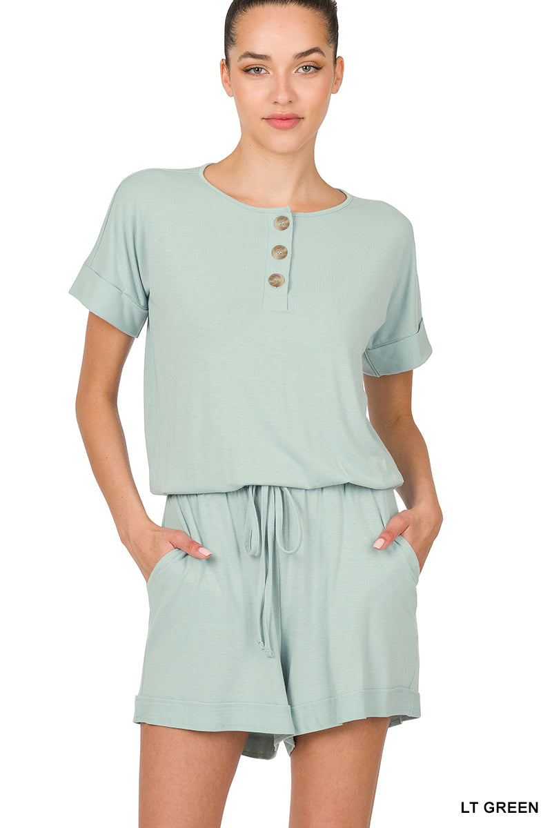 Short Sleeve Romper w/ Elastic Waist & Pockets - Light Green