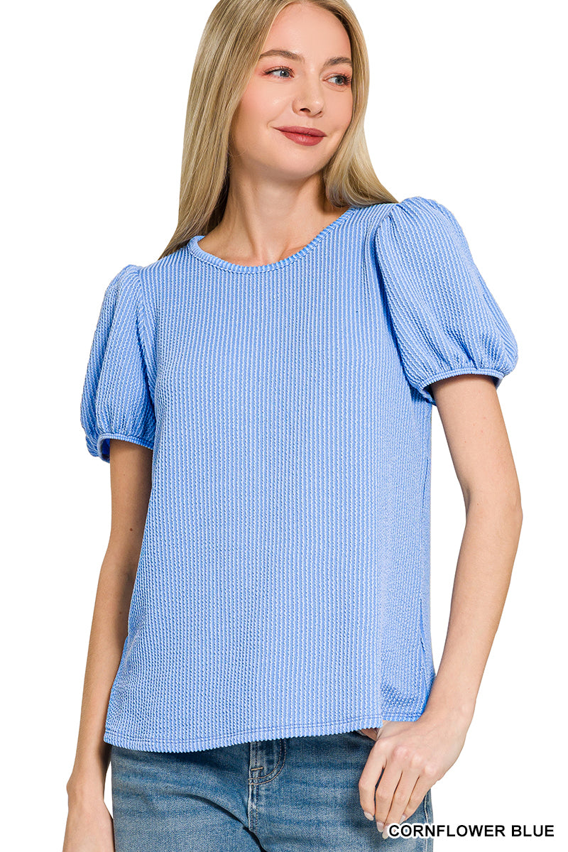 Ribbed Puff Sleeve Top Cornflower Blue