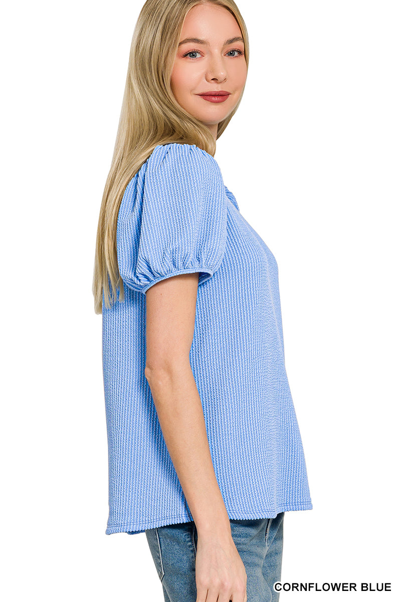 Ribbed Puff Sleeve Top Cornflower Blue
