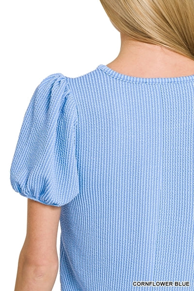 Ribbed Puff Sleeve Top Cornflower Blue