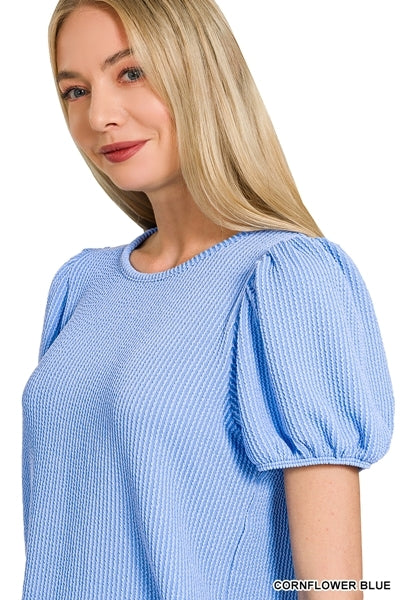 Ribbed Puff Sleeve Top Cornflower Blue