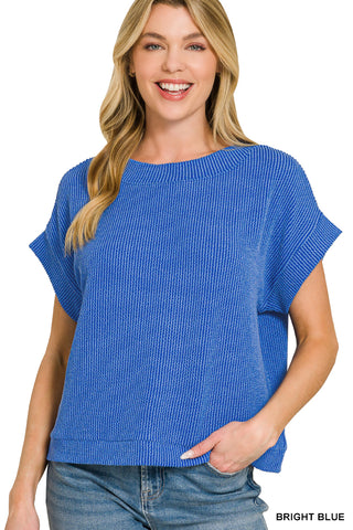 Raised Rib Cap Sleeve Top Bright Blue