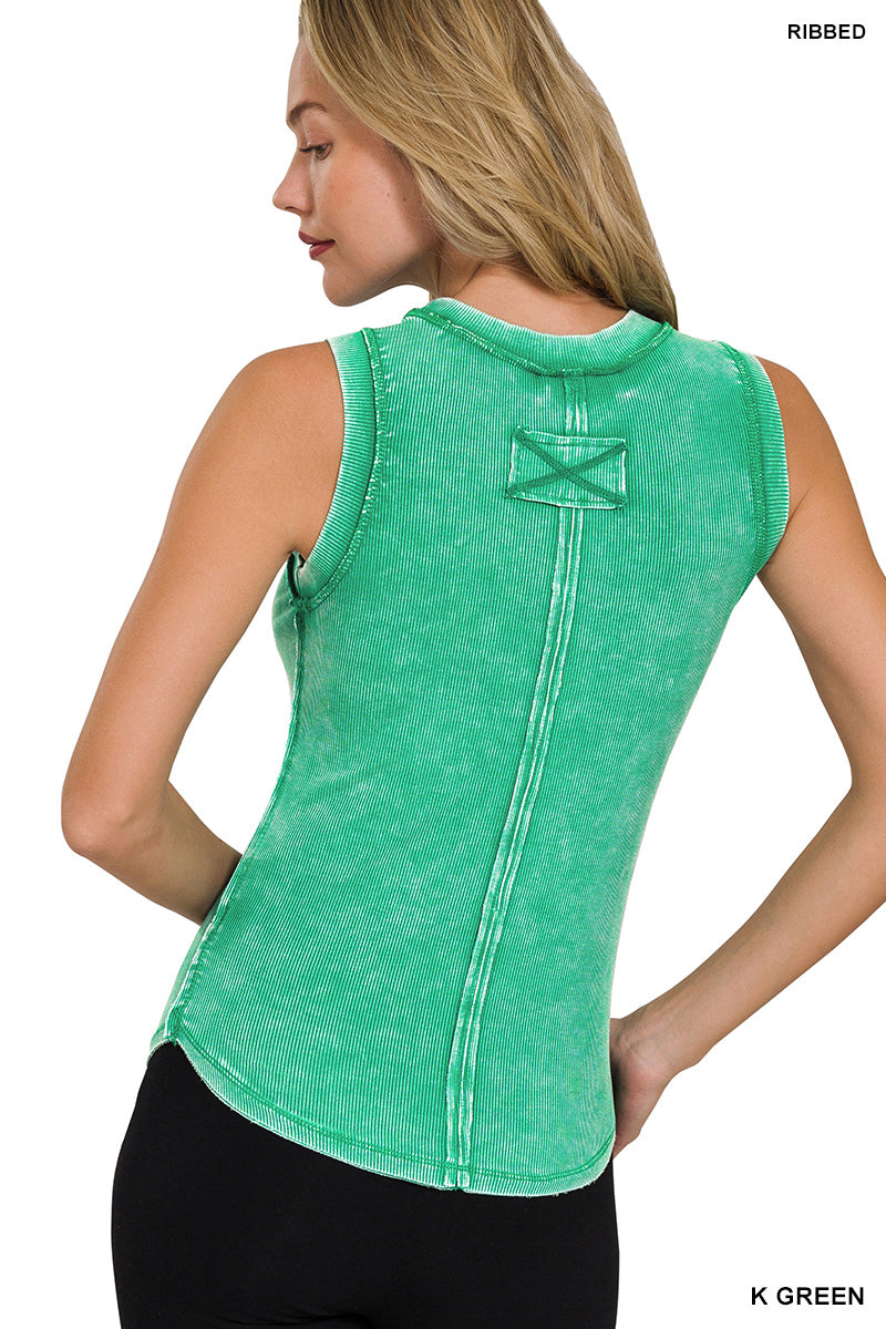 Washed Ribbed Scoop Neck Tank Top Kelly Green