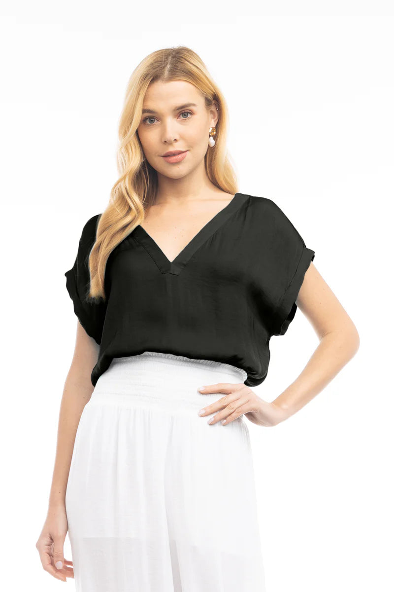 V-Neck Drop Sleeve Top Black
