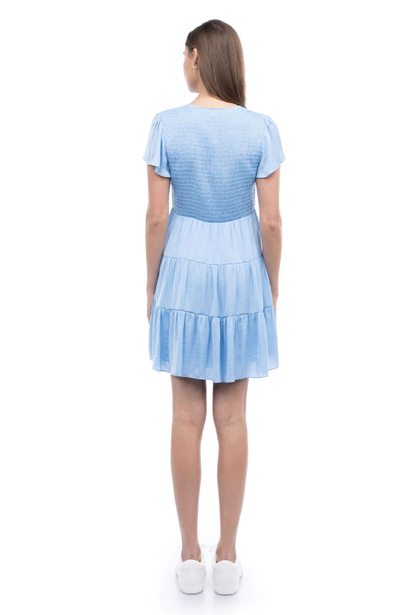 Short Sleeve Smocked Tiered Dress Stone Blue