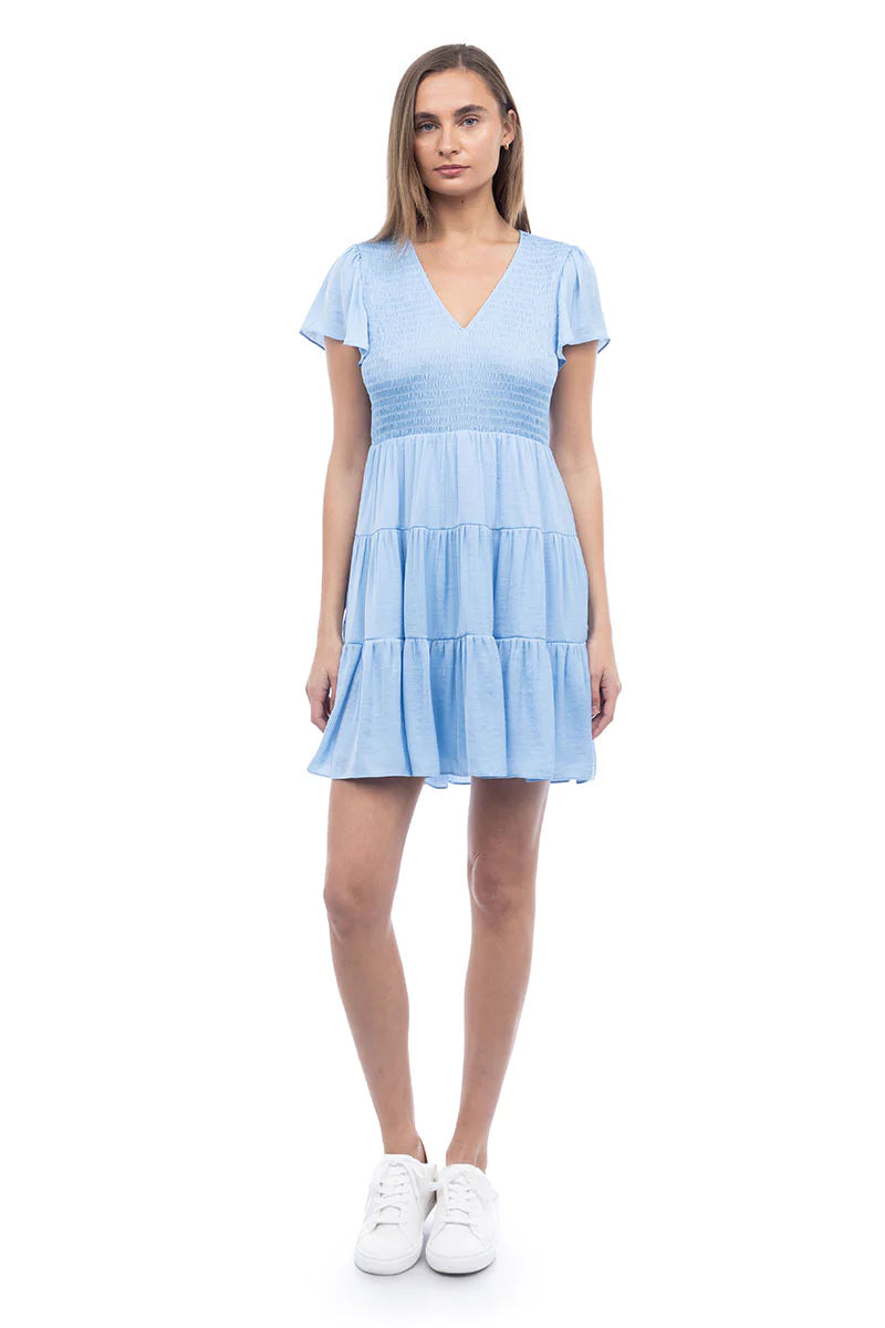 Sale Short Sleeve Smocked Tiered Dress Stone Blue