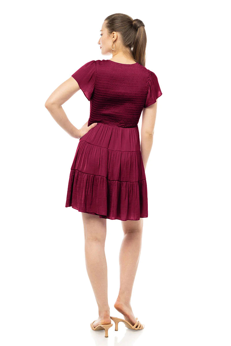 Short Sleeve Smocked Tiered Dress Garnet