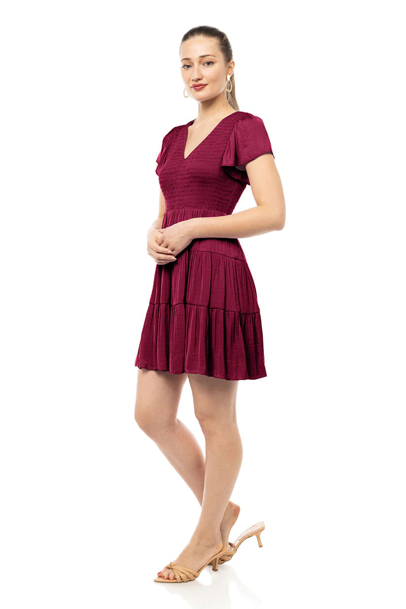 Short Sleeve Smocked Tiered Dress Garnet