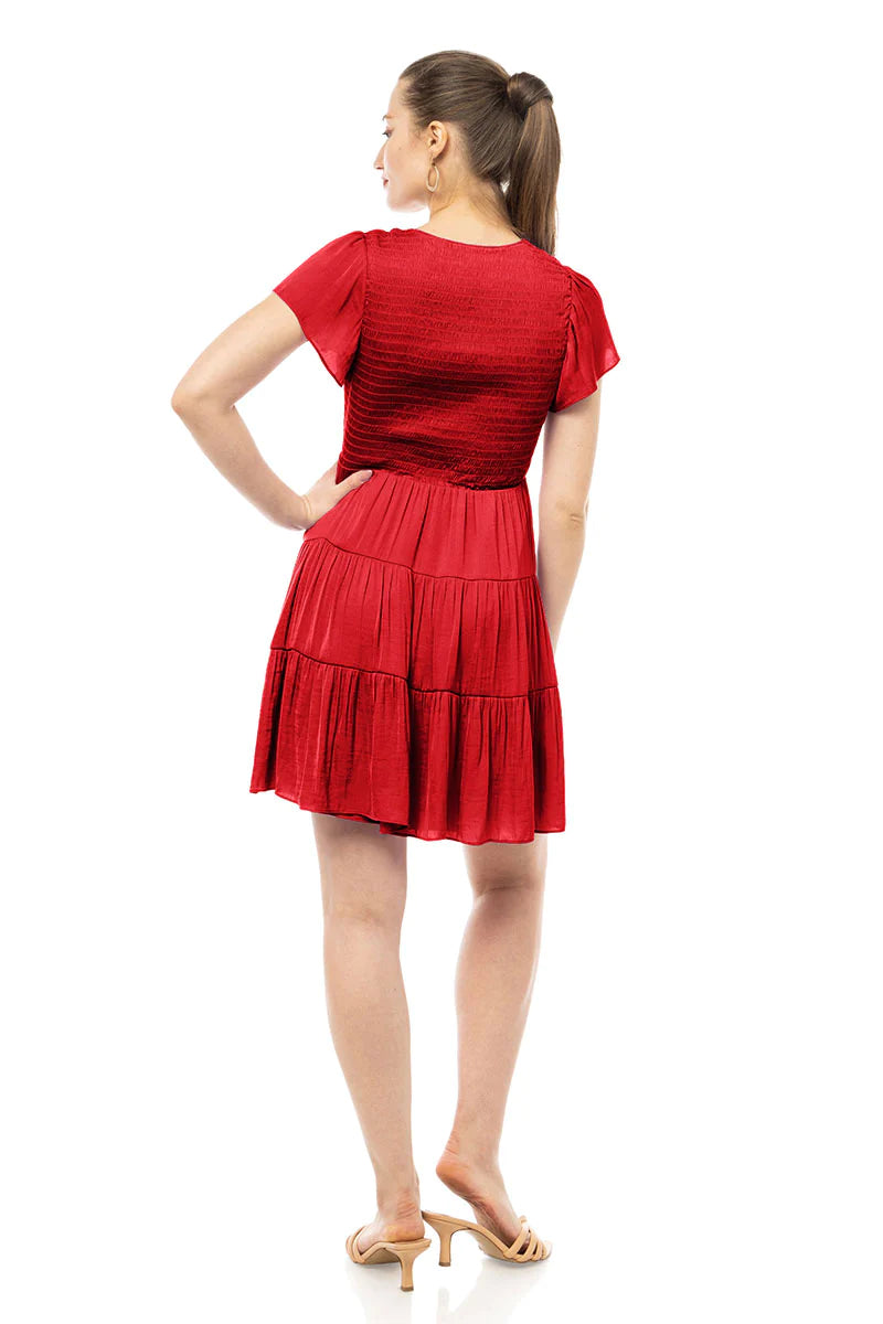 Short Sleeve Smocked Tiered Dress Scarlet