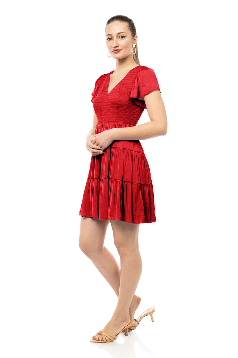 Short Sleeve Smocked Tiered Dress Scarlet