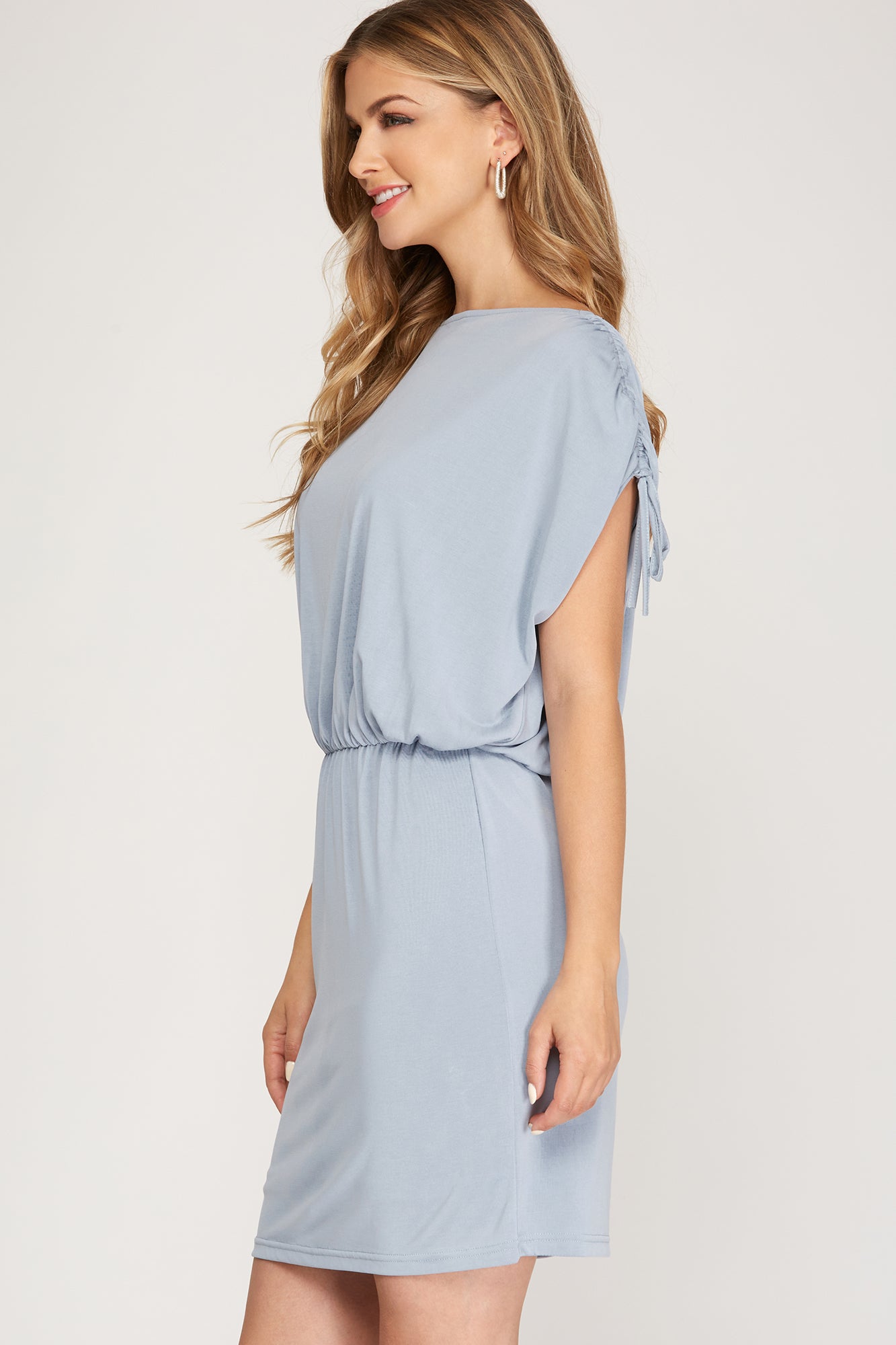 Final Sale Sleeveless Ruched Drawstring Drop Shoulder Knit Dress