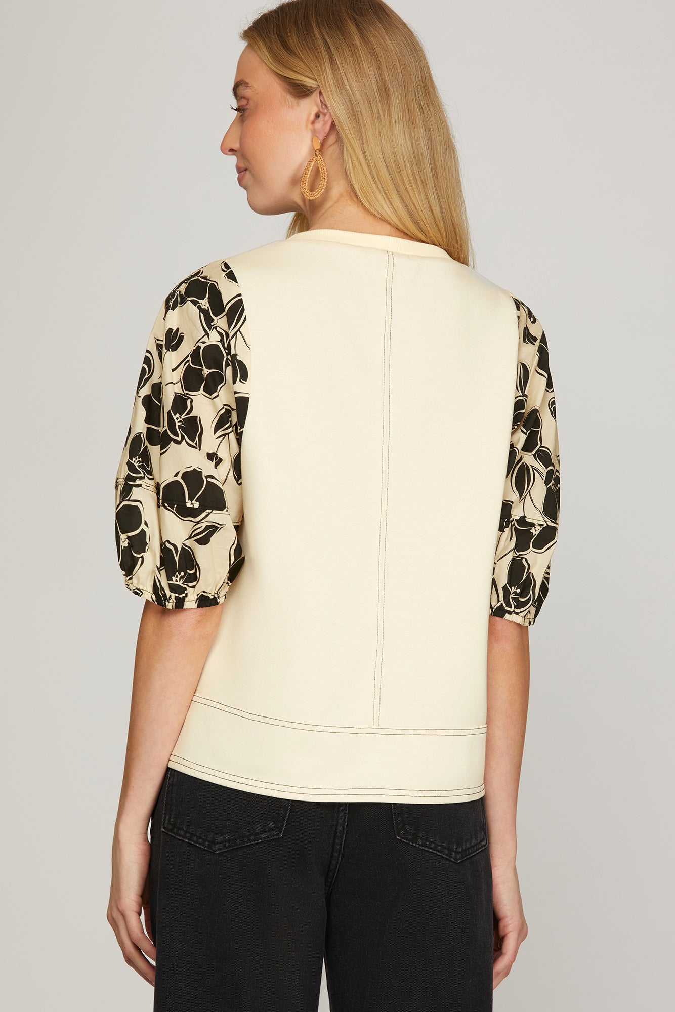 Puff Floral Print Sleeve Mixed Media Top