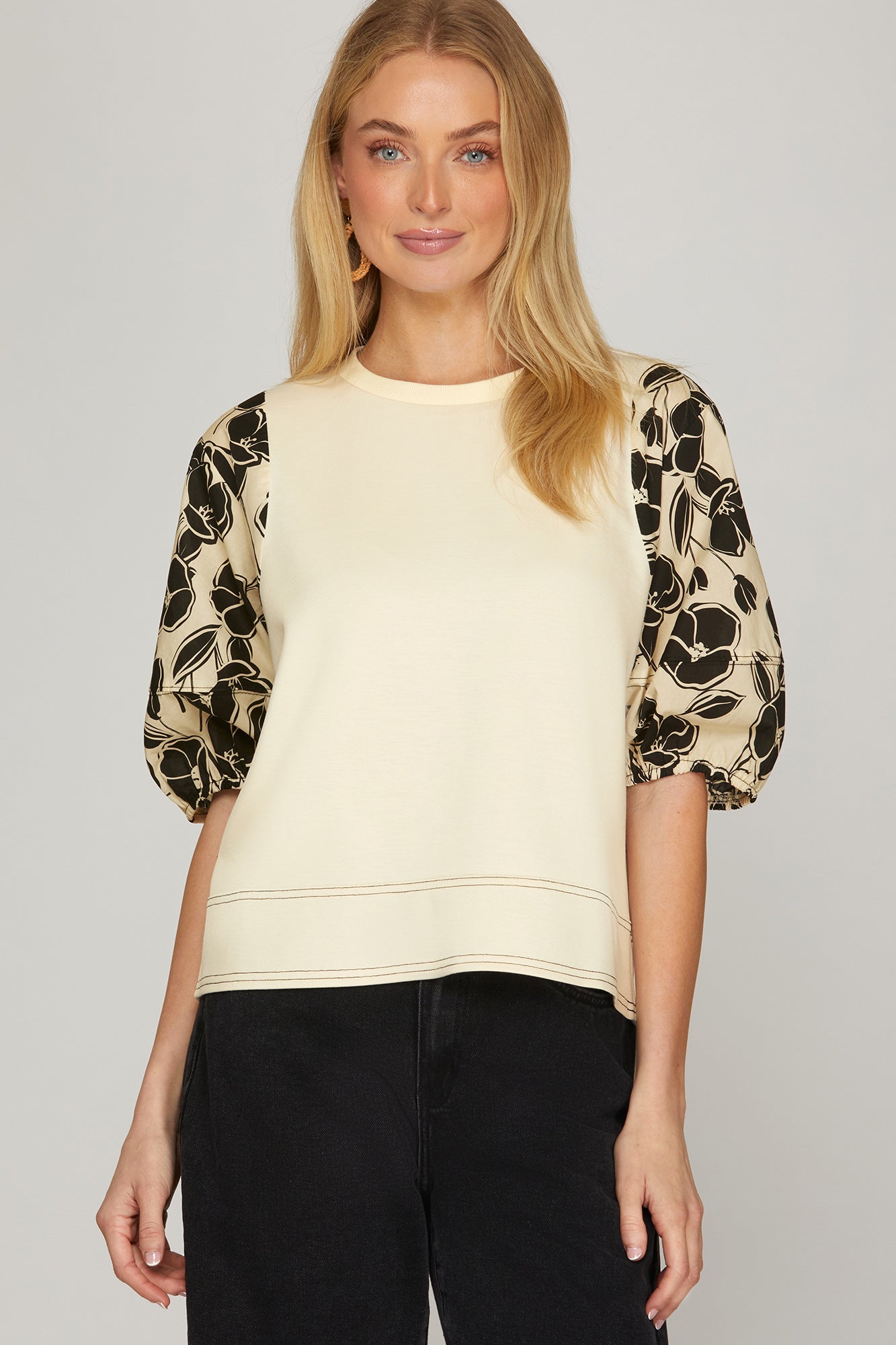 Puff Floral Print Sleeve Mixed Media Top