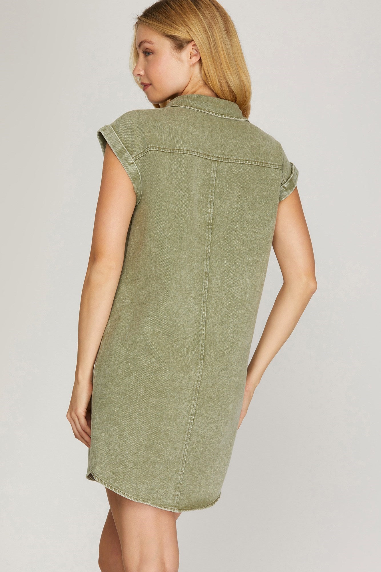 Folded Cuff Button Down Washed Twill Dress Olive