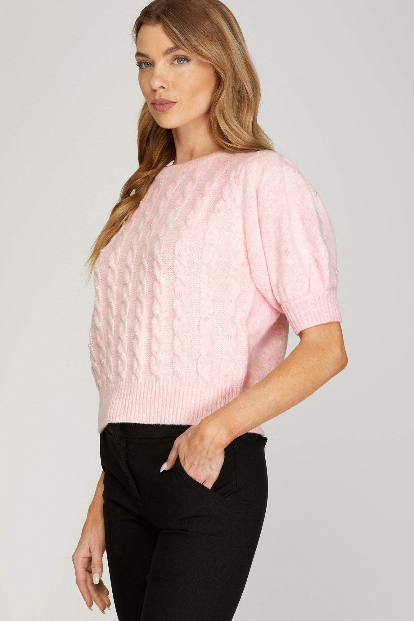 Sale Puff Sleeve Cable Knit Sweater w/Pearls
