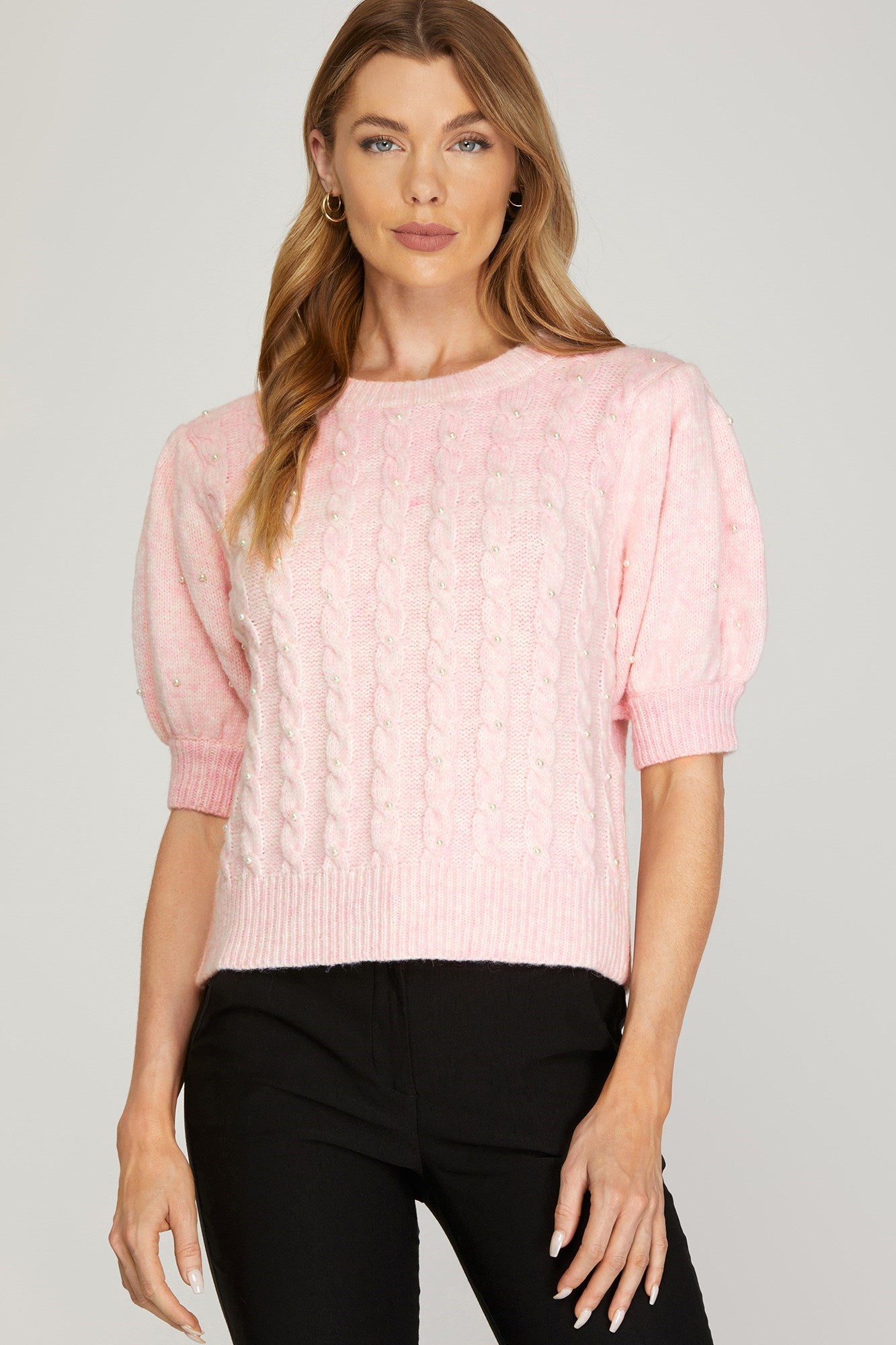 Sale Puff Sleeve Cable Knit Sweater w/Pearls