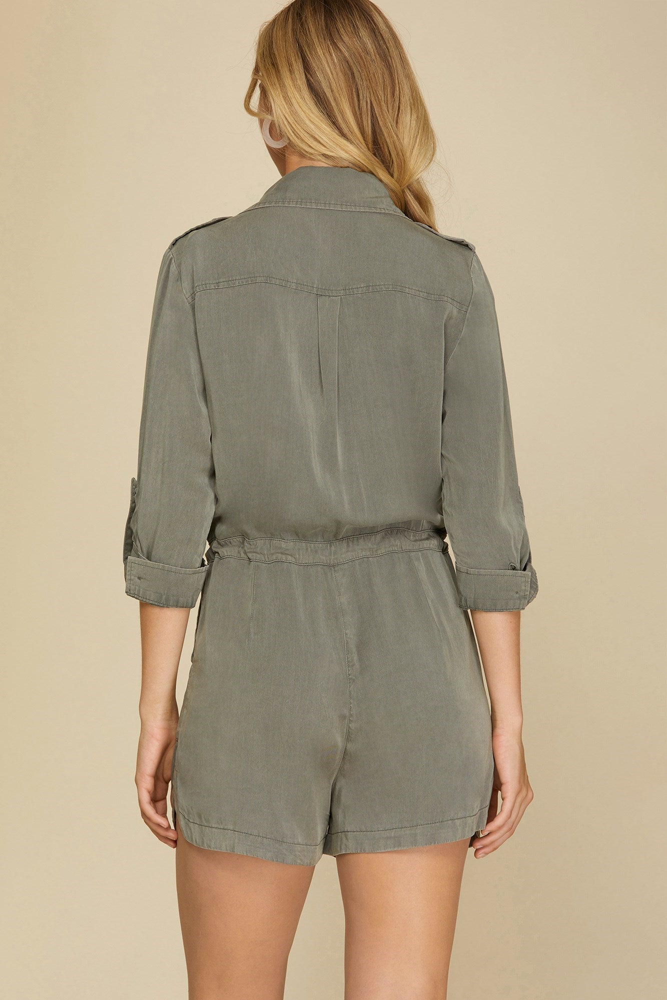 Roll-Up Sleeve Washed Woven Buttoned Romper Olive