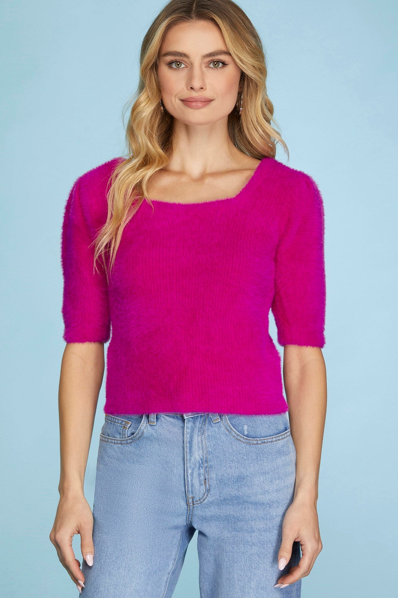 Sale Short Sleeve Square Neck Fuzzy Sweater