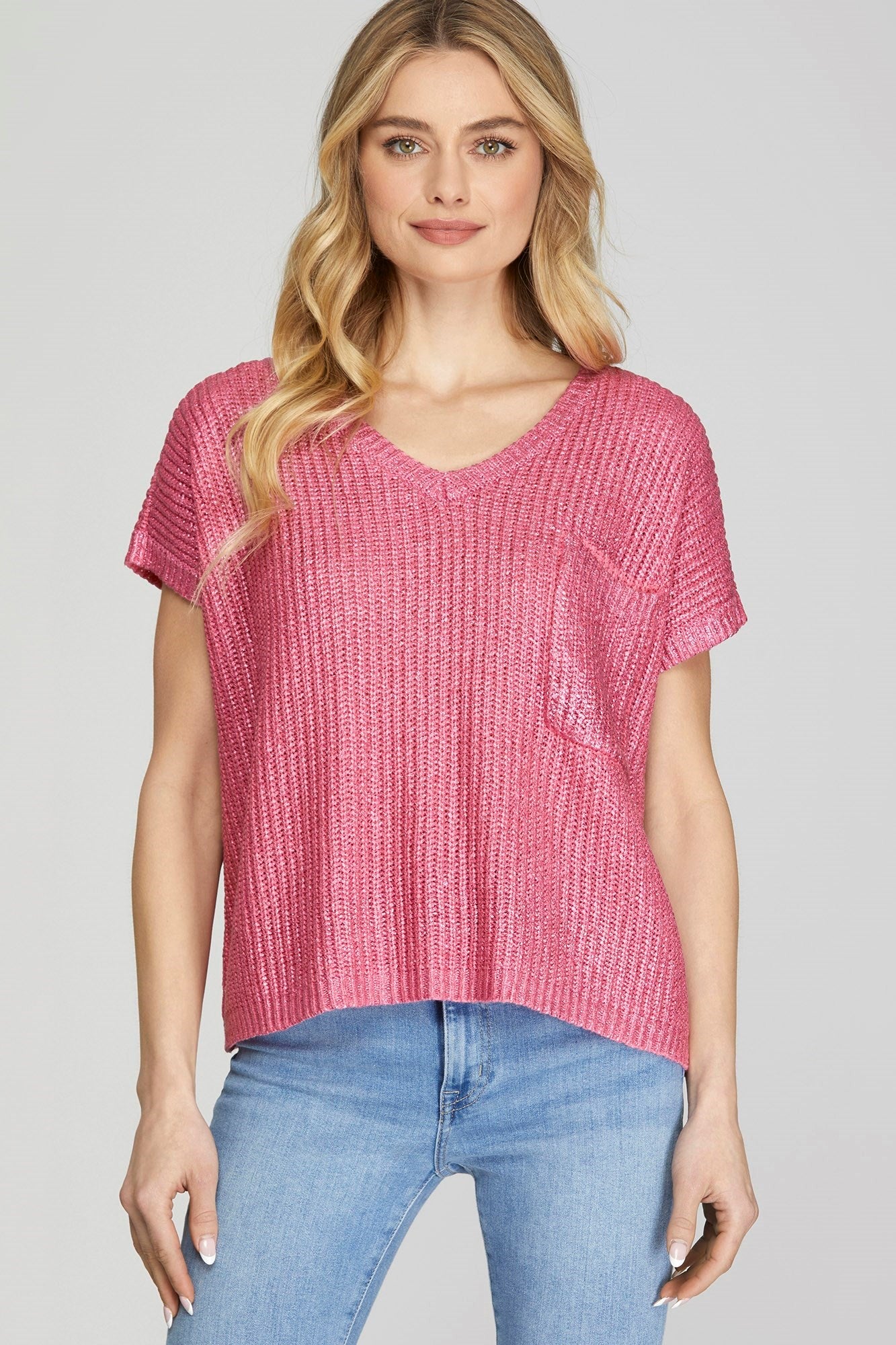 Short Sleeve V-Neck Metallic Coated Sweater Pink