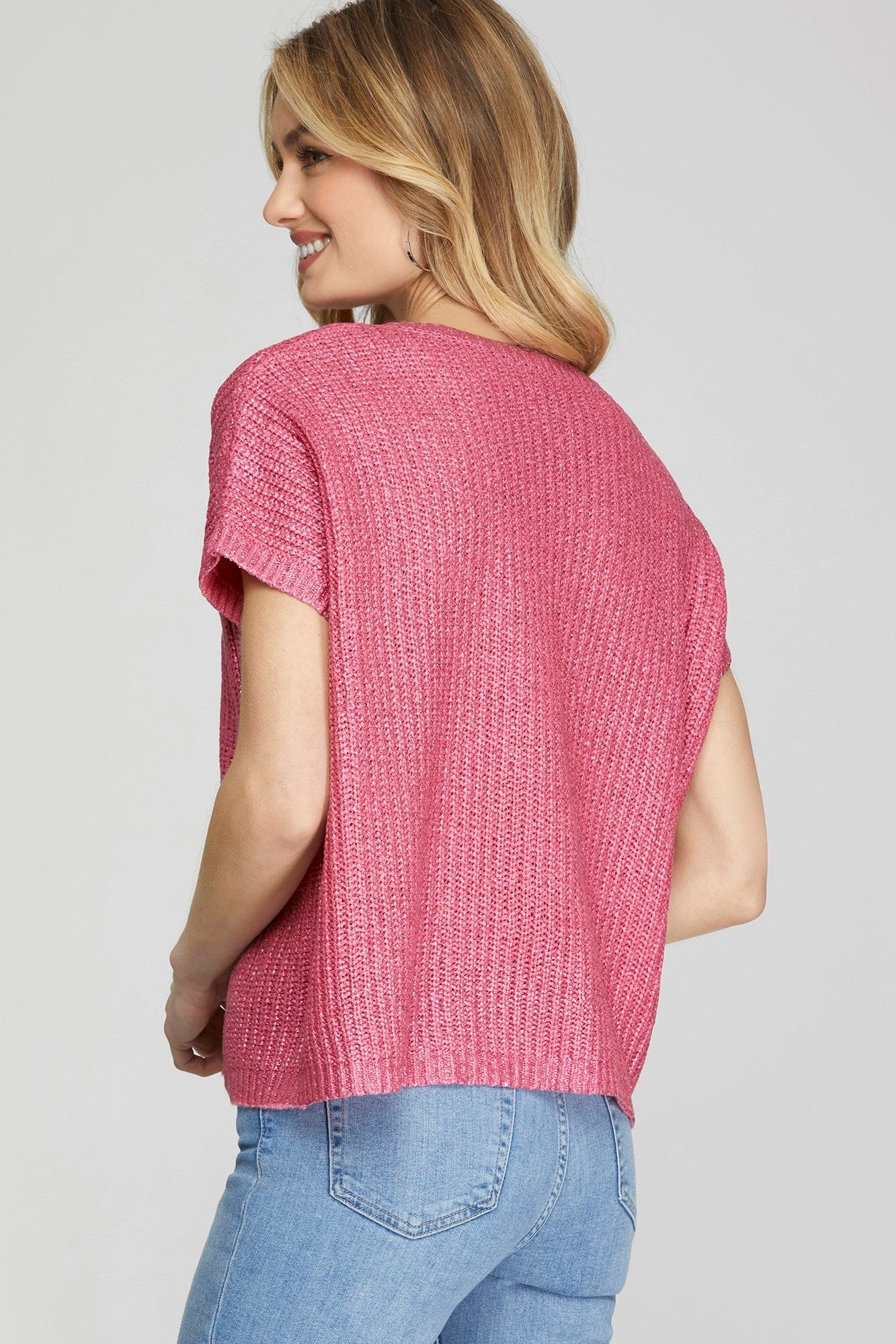 Short Sleeve V-Neck Metallic Coated Sweater Pink