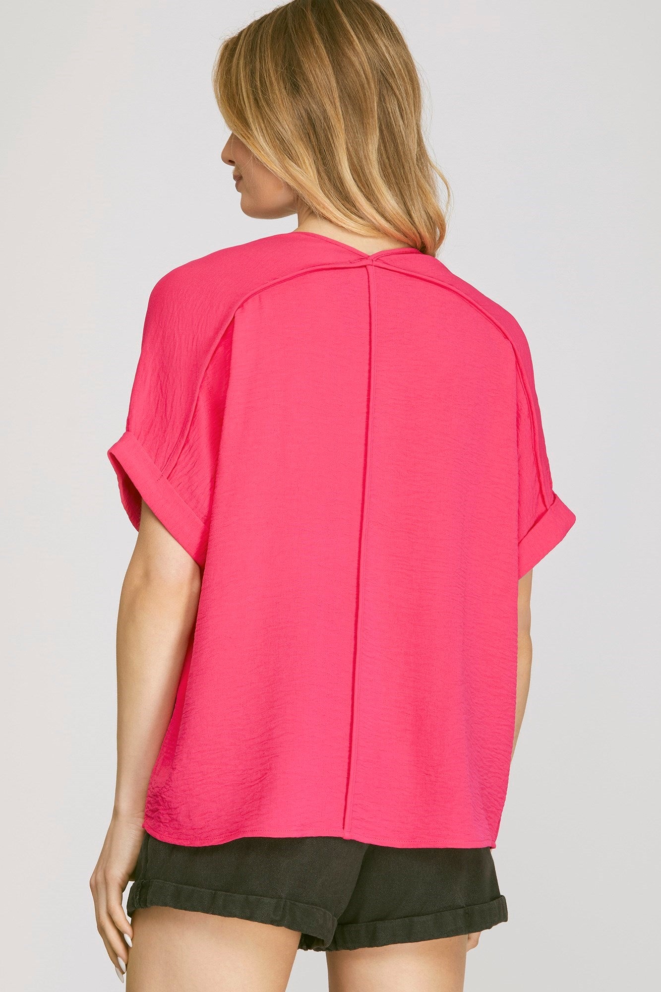 Short Sleeve Woven Top Hot Pink