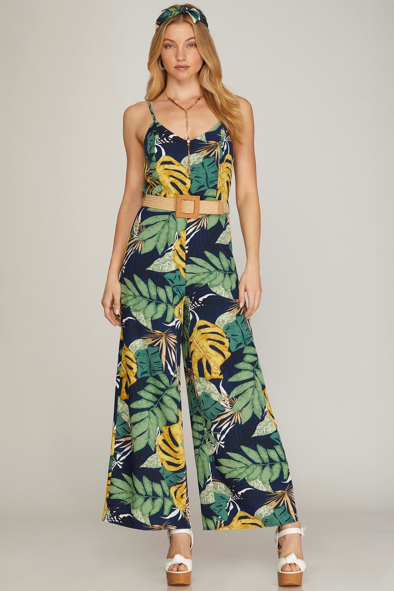 Cami Woven Tropical Print Jumpsuit w/Belt